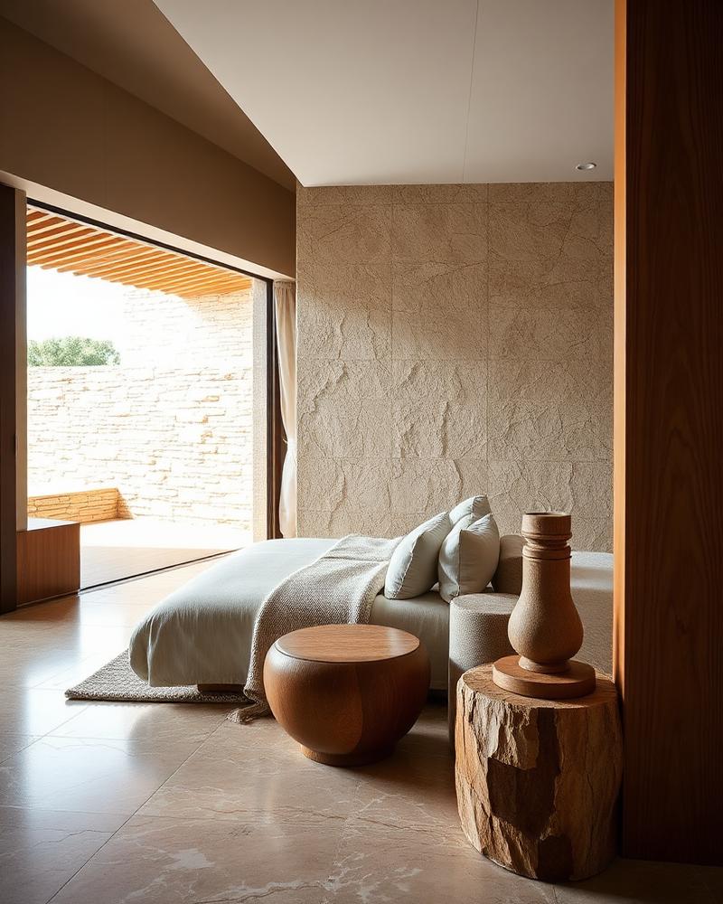 Interior details — teak, travertine, natural linen